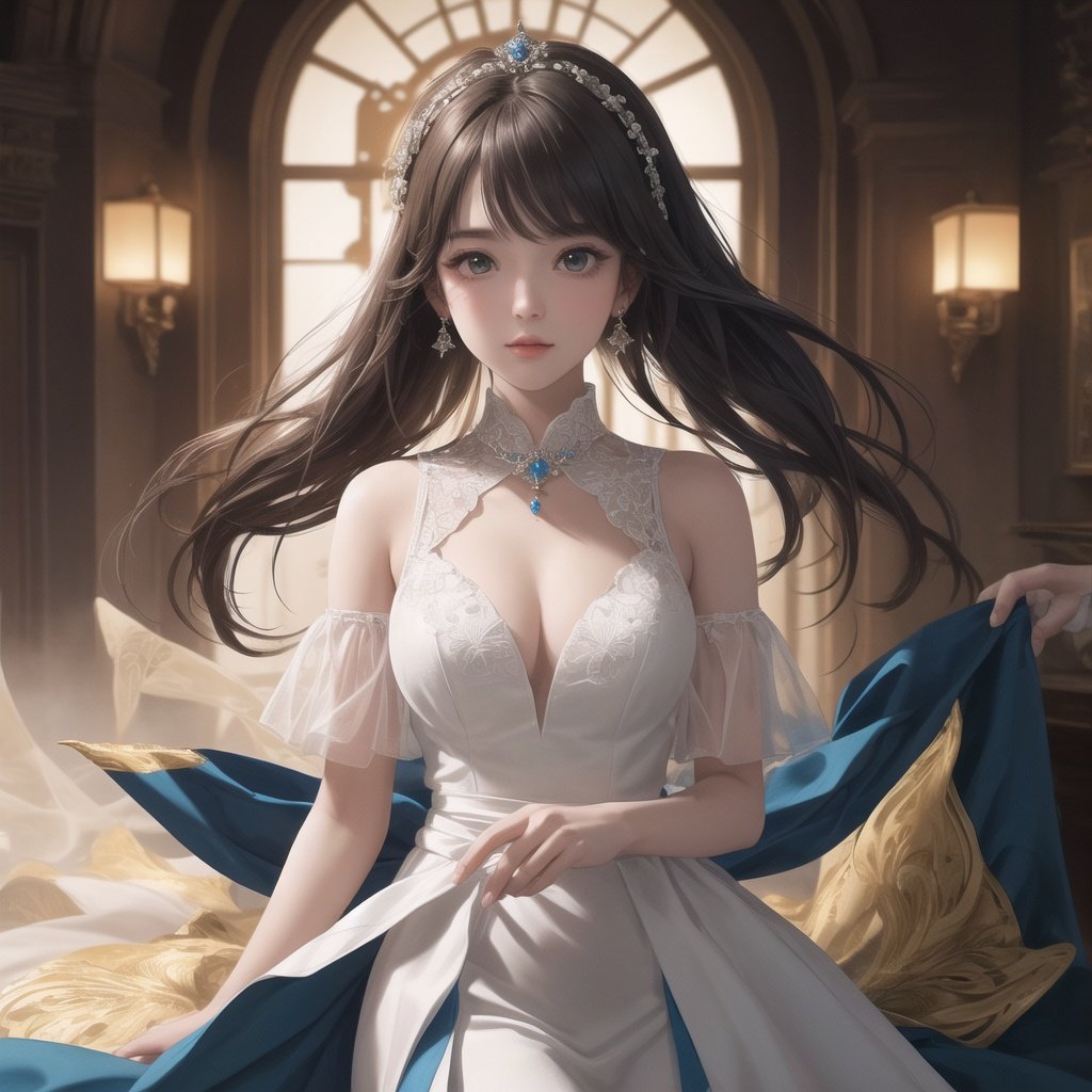 masterpiece,best quality,CG 8k wallpaper,illustration,amazing fine details and brush strokes,smooth,(((1girl))),extremely detailed,dynamic composition,motion,incredibly detailed,white court dress,loli,moonlight,beautiful,detailed eyes,[white hairblue hair],blue eyes,long_curly_hair,hands behind back,highly detailed,solo,full,amazing,beautiful,finely detail,(stars),galaxy,ray trace,Depth of field,