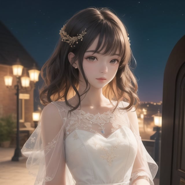 masterpiece,best quality,CG 8k wallpaper,illustration,amazing fine details and brush strokes,smooth,(((1girl))),extremely detailed,dynamic composition,motion,incredibly detailed,white court dress,loli,moonlight,beautiful,detailed eyes,[white hairblue hair],blue eyes,long_curly_hair,hands behind back,highly detailed,solo,full,amazing,beautiful,finely detail,(stars),galaxy,ray trace,Depth of field,