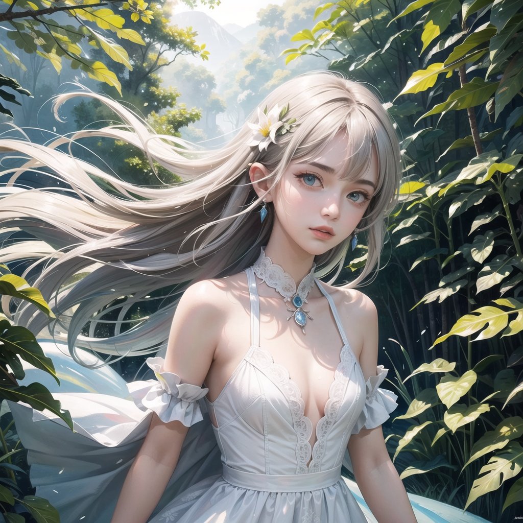 (((masterpiece))), (((best quality))), ((ultra-detailed)), (illustration), ((an extremely delicate and beautiful)),dynamic angle,floating, (beautiful detailed eyes), (detailed light) (1girl), loli, small_breasts, floating_hair,  glowing eyes, pointy_ears, white hair, green eyes,halter dress, feather, leaves, nature, (sunlight), river, (forest),(painting),(sketch),(bloom)