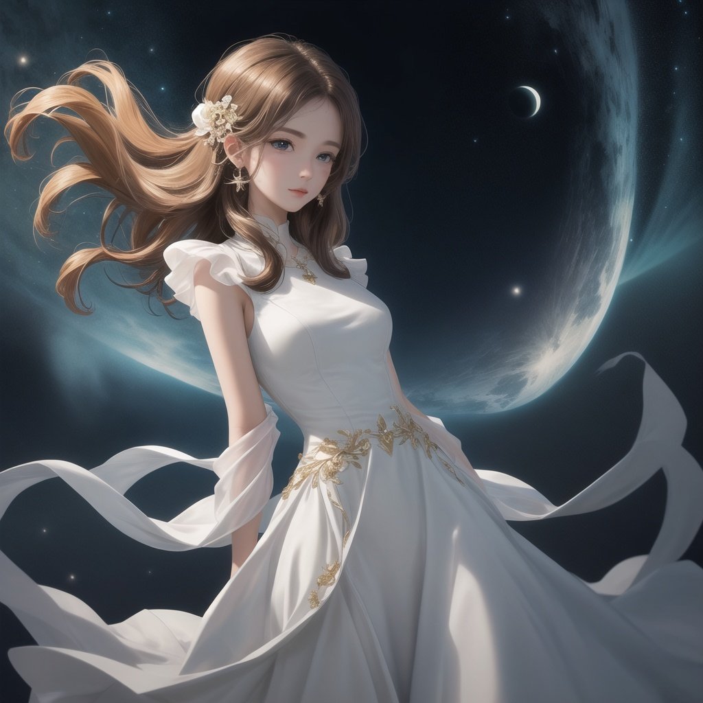 masterpiece,best quality,CG 8k wallpaper,illustration,amazing fine details and brush strokes,smooth,(((1girl))),extremely detailed,dynamic composition,motion,incredibly detailed,white court dress,loli,moonlight,beautiful,detailed eyes,[white hairblue hair],blue eyes,long_curly_hair,hands behind back,highly detailed,solo,full,amazing,beautiful,finely detail,(stars),galaxy,ray trace,Depth of field,