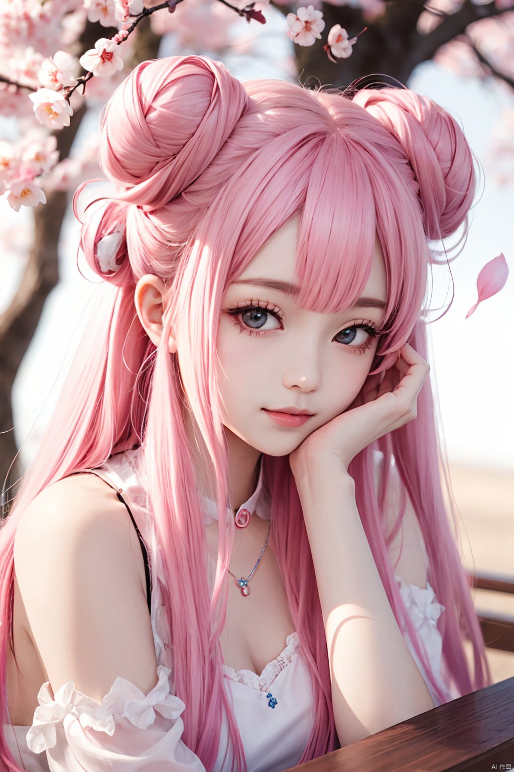  1girl, pink_hair, petals, flower, solo, double_bun, long_hair, cherry_blossoms, hair_cones, head_rest