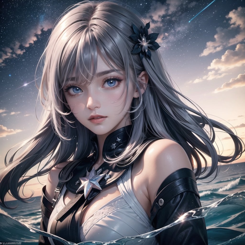 masterpiece, best quality, illustration, stars in the eyes,dishevelled hair,Starry sky adorns hair,1 girl,sparkling anime eyes,beautiful detailed eyes, beautiful detailed stars,blighting stars,emerging dark purple across with white hair,multicolored hair,beautiful detailed eyes,beautiful detailed sky, beautiful detailed water, cinematic lighting, dramatic angle,