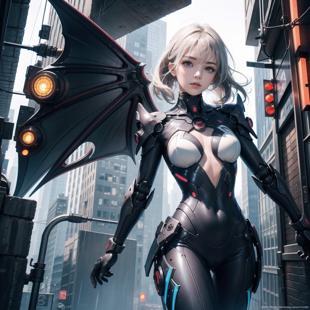 {{master piece}},best quality,illustration,1girl,small breast,beatiful detailed eyes,beatiful detailed cyberpunk city,flat_chest,beatiful detailed hair,wavy hair,beatiful detailed steet,mecha clothes,robot girl,cool movement,sliver bodysuit,{filigree},dargon wings,colorful background,a dragon  stands behind the girl,rainy days,{lightning effect},beatiful detailed sliver dragon arnour,（cold face）