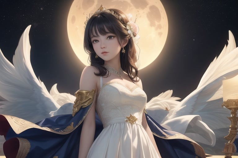 masterpiece,best quality,CG 8k wallpaper,illustration,amazing fine details and brush strokes,smooth,(((1girl))),extremely detailed,dynamic composition,motion,incredibly detailed,white court dress,loli,moonlight,beautiful,detailed eyes,[white hairblue hair],blue eyes,long_curly_hair,hands behind back,highly detailed,solo,full,amazing,beautiful,finely detail,(stars),galaxy,ray trace,Depth of field,