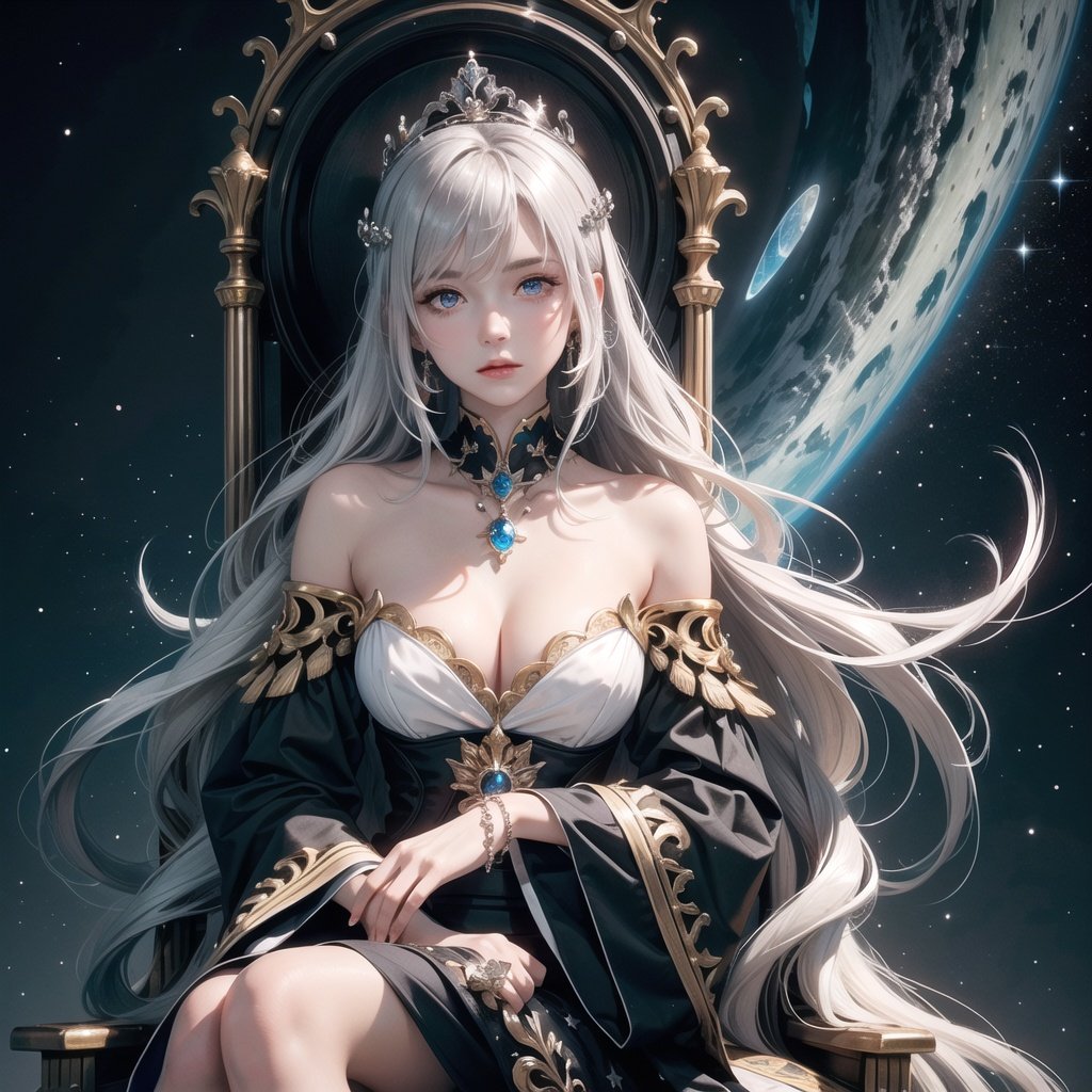 (((masterpiece))),best quality, illustration,(beautiful detailed girl), a girl ,solo,bare shoulders,flat_chst,diamond and glaring eyes,beautiful detailed cold face,very long blue and sliver hair,floaing black feathers,wavy hair,black and white sleeves,gold and sliver fringes,a (blackhole) behind the girl,a silver triple crown inlaid with obsidian,(sit) on the black ((throne)), (depth) of (field)