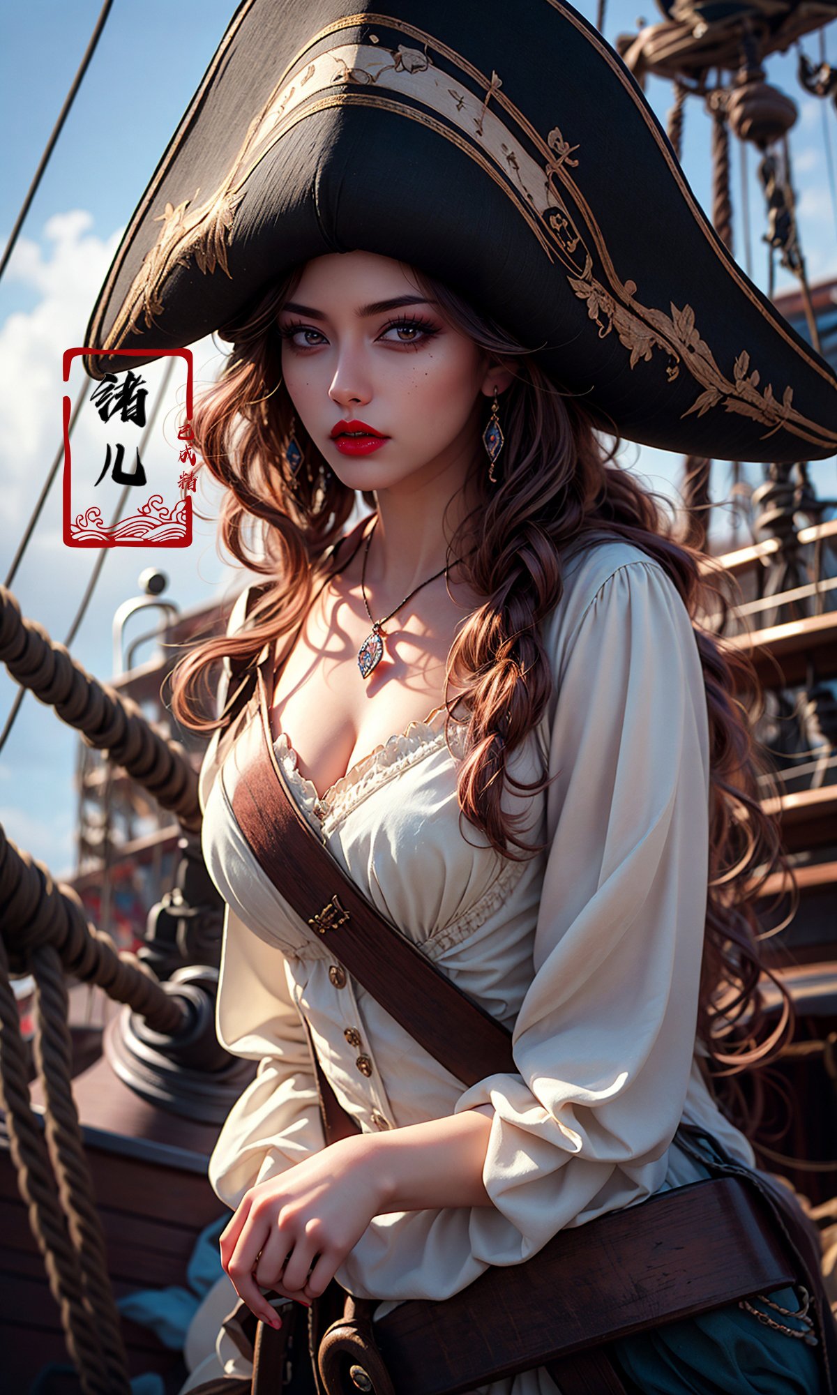 super vista, super wide Angle，Low Angle shooting, super wide lens, Epic CG masterpiece, Girl dressed in pirate costume standing on the bow of the boat, sky, sun, sea, pirate ship, the cinematic style, Dream colors , Anna Dittmann,Pirate， (Mole under eye:0.8), Milky skin, (shiny skin:1.4)， A mature face，sideways glance, (cold attitude,eyeshadow,eyeliner:1.1),(red lips:1.5),watery eyes,<lora:绪儿-怒海争锋Pirate:0.8>