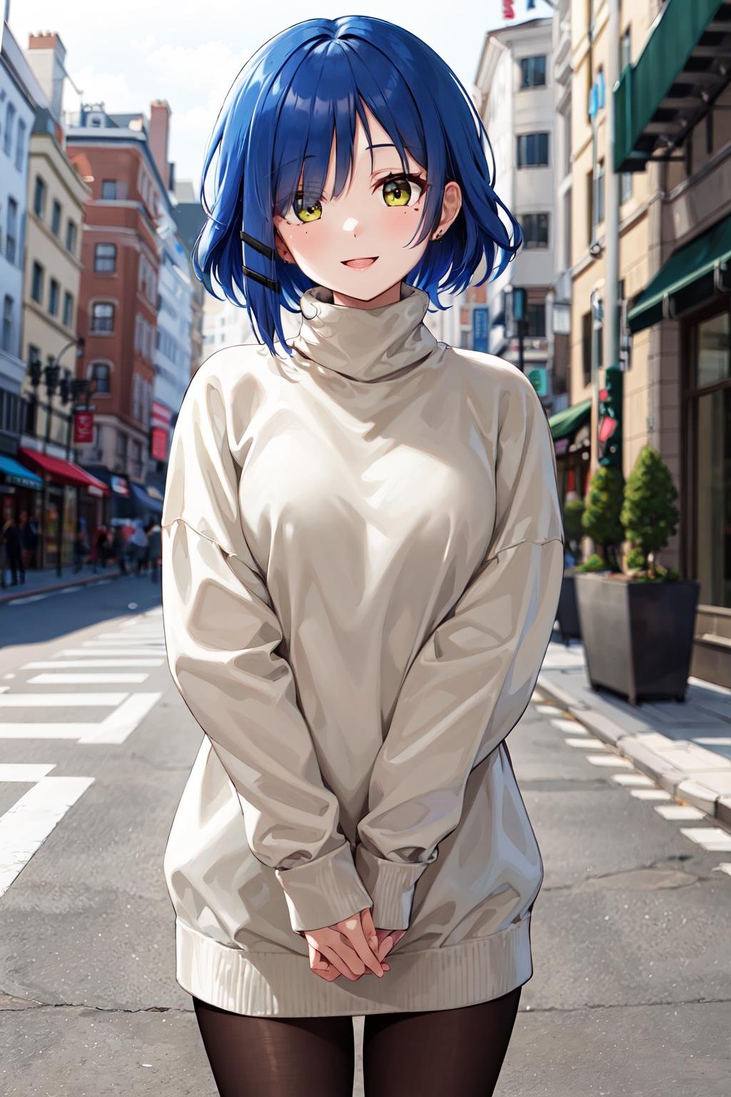 masterpiece,best quality,highres,ultra-detailed,aaryou,(mole under eye:0.7),short hair,bangs,hairclip,<lora:yamada_ryou:0.8>,sweater dress,turtleneck,street,smile,standing,hands_on_lap,