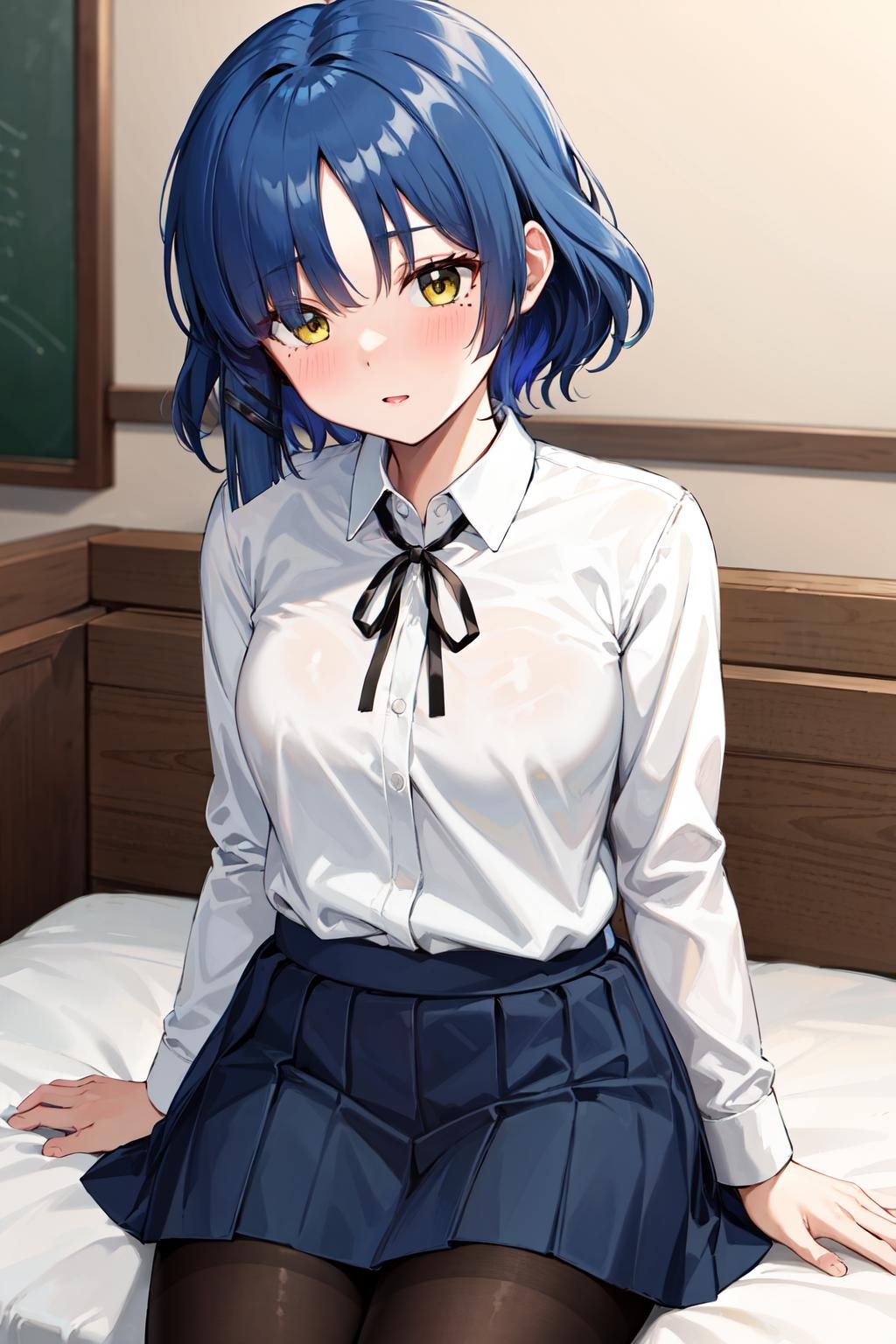 masterpiece,best quality,highres,ultra-detailed,aaryou,(mole under eye:0.7),short hair,bangs,hairclip,(school uniform:1.2),black ribbon,(white shirt:1.2),long sleeves,sleeves past wrists,blue skirt,(black pantyhose:1.1),loafers,<lora:yamada_ryou:0.8>,indoors,sitting,bed,blush,embarrass,