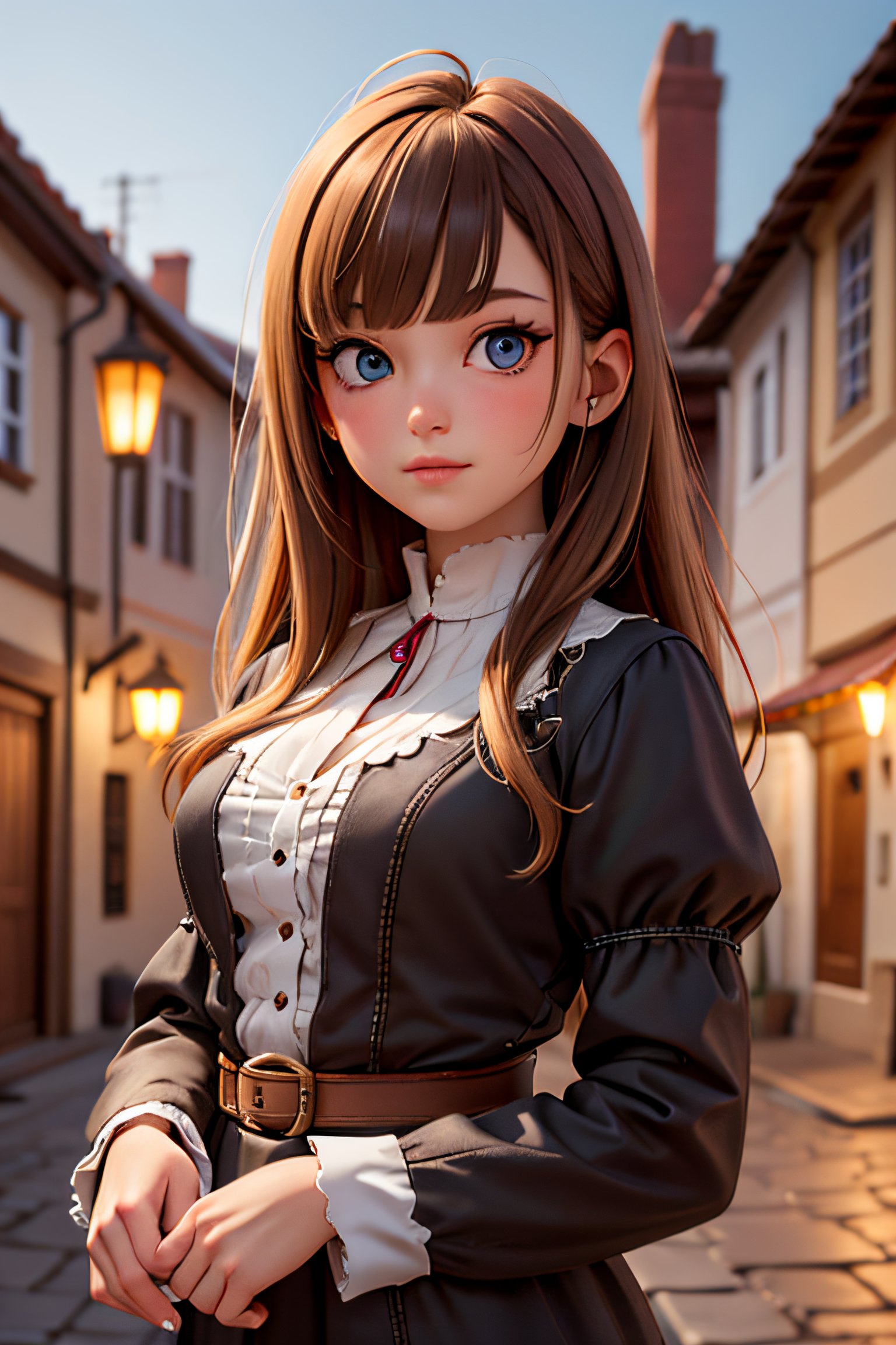 (masterpiece), best quality, high resolution, highly detailed, detailed background, perfect lighting, 1girl, bangs, ruby eyes, medium breasts, blouse, medieval village, shiny