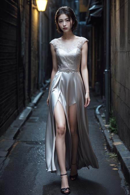 (realistic), (hyperrealism),best quality, masterpiece,ultra high res, (photorealistic:1.4),1girl,pale skin,(looking at viewer), <lora:add_detail:0.6>, street alley, dramatic lighting, best shadow, formal dress,cowboy shot,<lora:makina69_hamabeminami_v1.5:1>