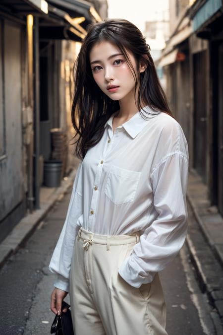 (realistic), (hyperrealism),best quality, masterpiece,ultra high res, (photorealistic:1.4),1girl,pale skin,(looking at viewer:2), <lora:add_detail:0.6>, street alley,cowboy shot,<lora:makina69_hamabeminami_v1.5:1>