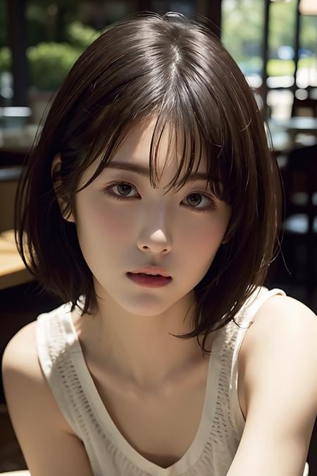 Best quality, masterpiece, ultra high res, (photorealistic:1.4), raw photo, 1girl, inside cafe, closeup, looking at viewer, short hair,<lora:makina69_hamabeminami_v1.5:1>