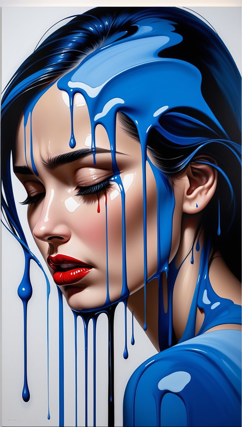 masterpiece,best quality,ultra high res,(abstract art:1.4),bleeding blue,blue theme,visually stunning,beautiful,evocative,emotional,(side view of a woman bleeding paint),crying paint,looking at viewer,