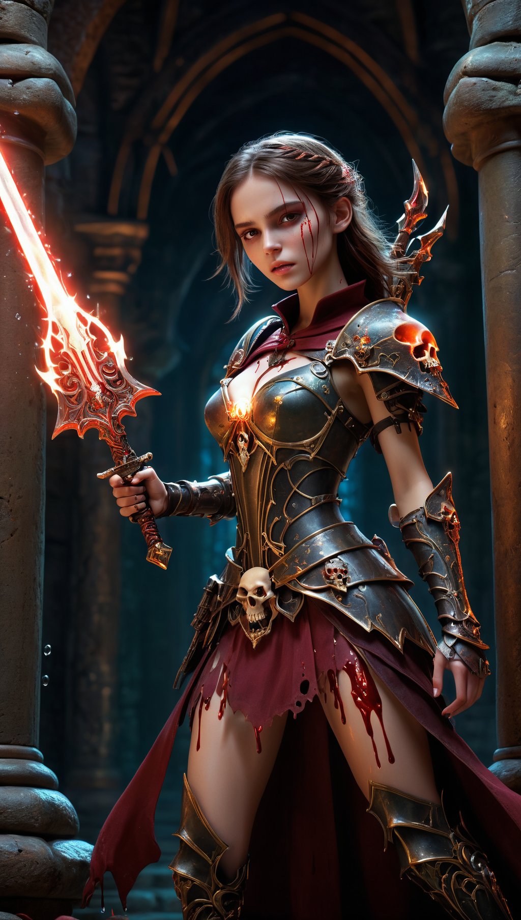 Full body shot,(photorealistic, realistic),masterpiece,absurdres,highres,high quality,ultra detailed,beautiful and aesthetic,horror (theme),1girl,dynamic pose,shiny skin,(holding weapon),enchanted armor,ancient,intricate details,expressive drips,(energetic movement),(sense of depth),glowing aura,in the depths of a gloomy dungeon,illuminated by divine light,(perfect lighting),(mysterious scenery),magical lighting,skull,blood,blood splatter,