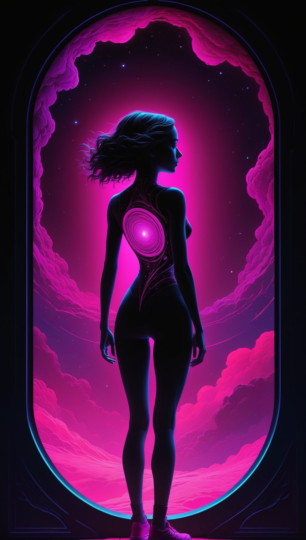 (silhouette:1.25),1 woman,dark background,blacklight,mid shot,full body,somber expression,looking down,dark energy,vibrant magenta,portal to another world,flat color,flat shading,ultra realistic,highres,superb,8k wallpaper,extremely detailed,intricate,limited palette,pink,