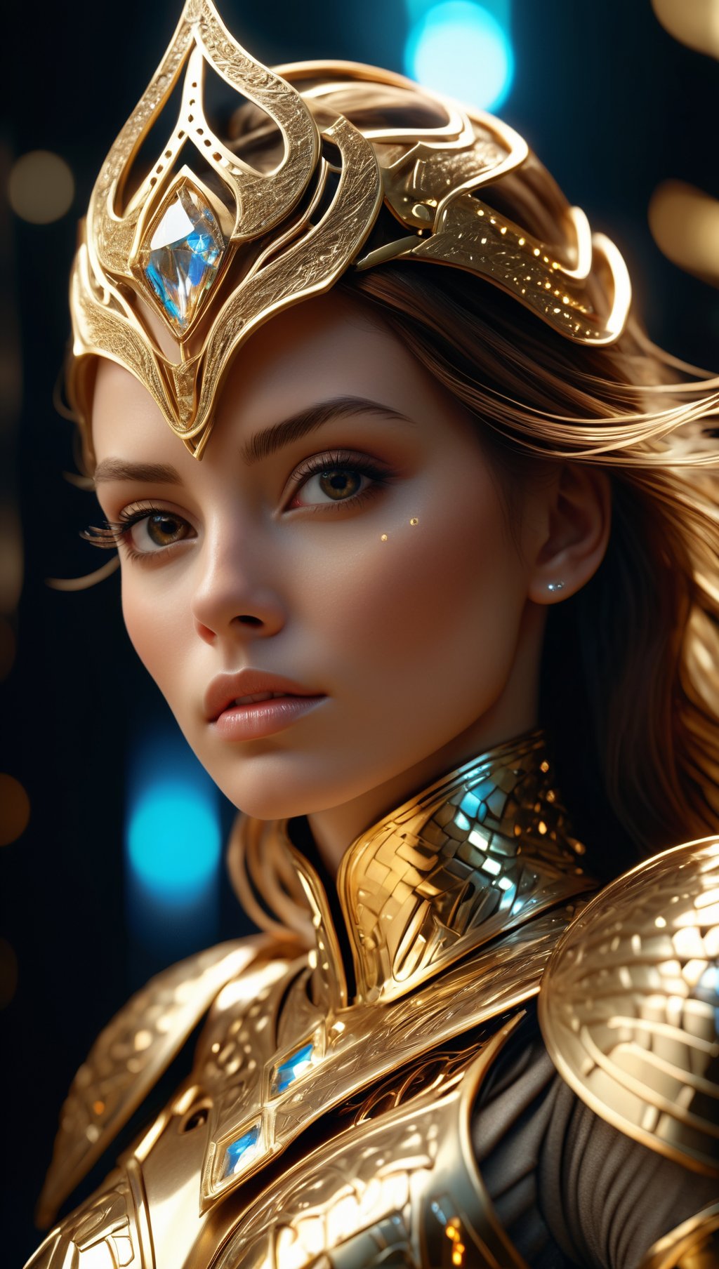 (8k, RAW photo, highest quality),hyperrealistic,intricate abstract,intricate artwork,abstract style,mesmerizing portrait of a woman with golden armor,delicate diamond patterns,armor from another world,insanely detailed features,reflecting lights,glimmering lights,dark elements,shiny,bioluminescence,non-representational,colors and shapes,expression of feelings,imaginative,highly detailed,extremely high-resolution details,photographic,realism pushed to extreme,fine texture,4k,ultra-detailed,high quality,high contrast,