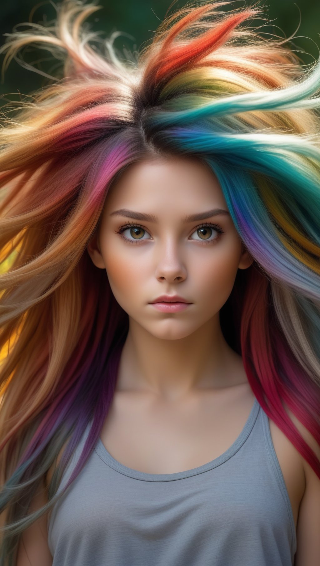 (masterpiece:1.1),(highest quality:1.1),(HDR:1),girl with really wild hair,mane,multicolored hairlighting,(from front:0.6),