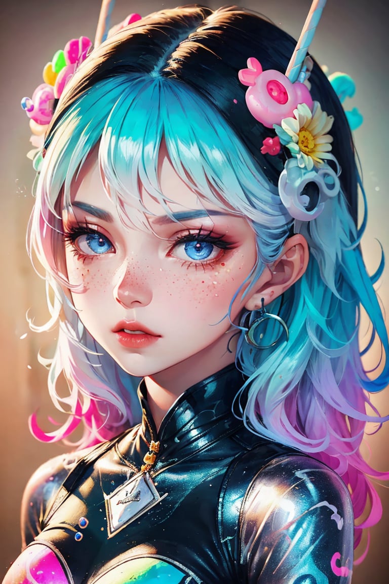 beautiful kawaii naughty girl, hyper detailed, cotton candy curly hair, candy freckles, bright makeup, holographic transparent candy dress, close-up portrait, highly detailed illustration, candyland character design, surrounded by swirls of ice cream and cream butter Pale pastel colors, bubblegum bubbles, gradient background. the candy girl,3D MODEL,Worldwide trending artwork