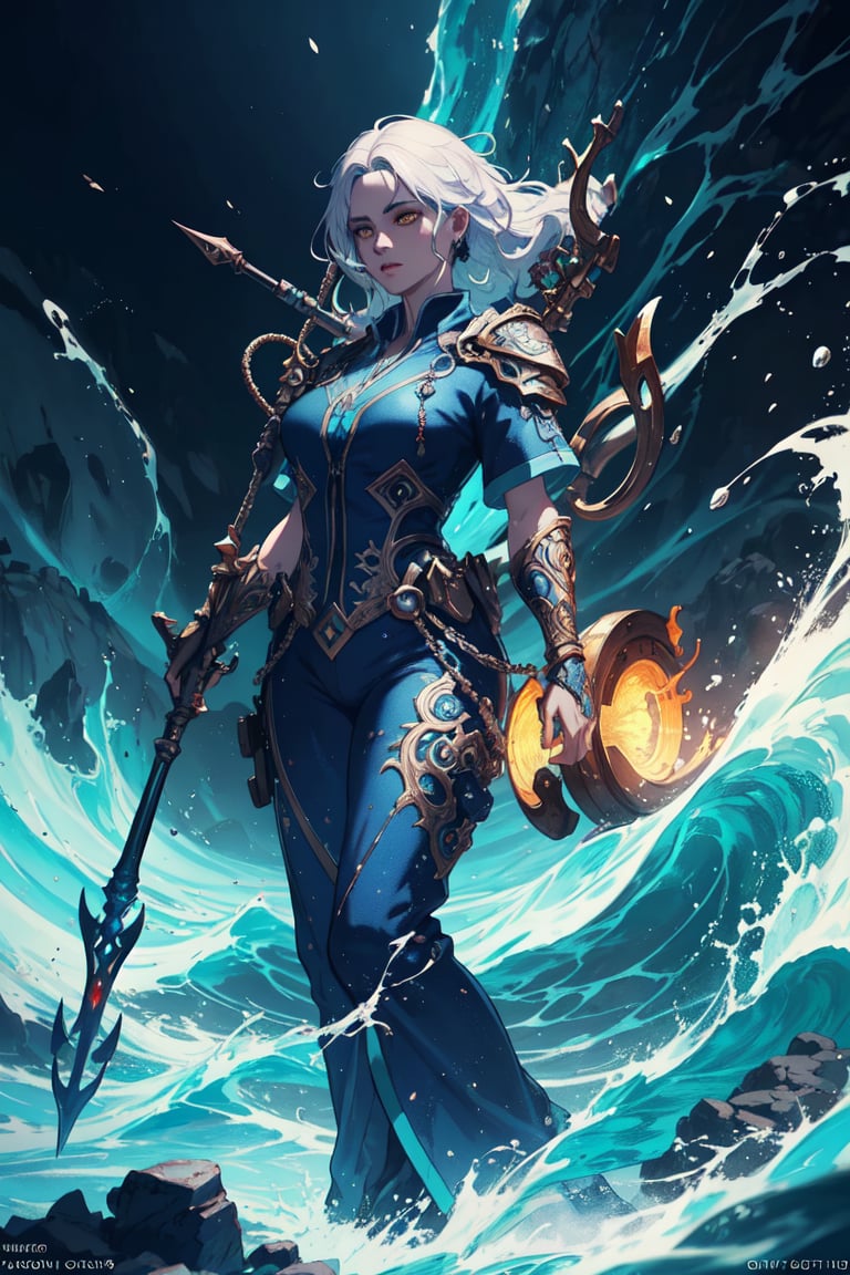 T-shirt design, Poseidon, lord of the seas, glowing white eyes, wearing blue garments, trident in hand, commanding the waves of the seas, full body portrait dim volumetric lighting, 8k octane beautifully detailed render, post-processing, portrait, extremely hyper-detailed, intricate, epic composition, cinematic lighting, masterpiece, very very detailed, masterpiece, stunning Detailed matte painting, deep color, fantastical, intricate detail, splash screen, complementary colors, fantasy concept art, 8k resolution trending on Artstation Unreal Engine 5