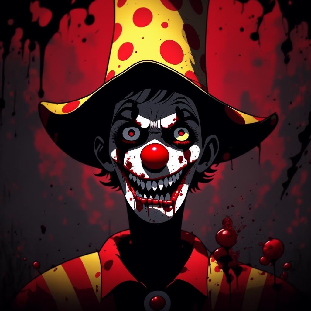 Clown with blood, creepy, horror, cute Cartoon,CuteCartoonAF,, <lora:CuteCartoon15Config4WithTEV2:1>