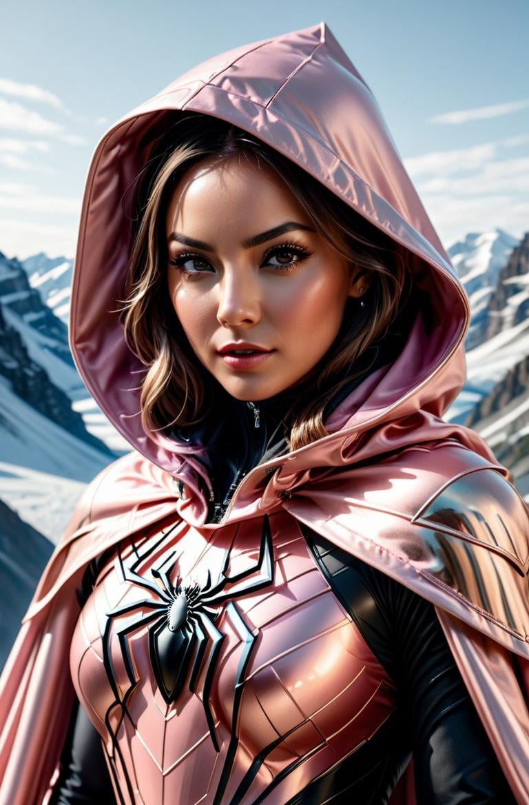 <lora:Armored HaDeS:0.7> masterpiece, photorealistic highly detailed 8k photography, best cinematic lighting quality, female in Champagne Pink nhdsrmr, hlhdsrmr, crstlhdsrmr, chhdsrmr, rmspdvrs, hood, spider logo, cape, giving a punch, Medium shot, Icy Tundras