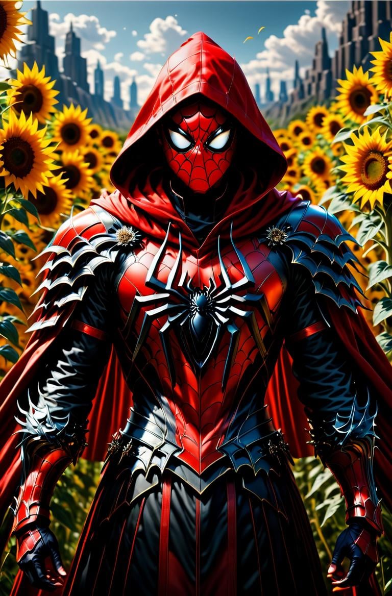 <lora:Armored HaDeS:0.9>  masterpiece, photorealistic highly detailed 8k photography, best cinematic quality, boy in Varsity Red chhdsrmr rmspdvrs, hood, spider logo, Bold word "HADES" on chest, Intimidating Battle Glare, Long shot, Sunflower Labyrinths