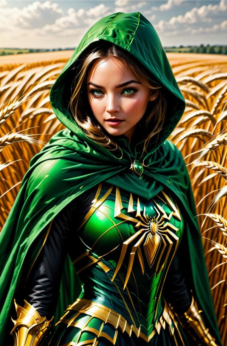 <lora:Armored HaDeS:1> masterpiece, best cinematic lighting quality, girl in Irish Green nhdsrmr, hlhdsrmr, crstlhdsrmr, chhdsrmr, rmspdvrs, hood, spider logo, cape, giving a punch, Medium close-up, Golden Fields of Wheat in Harvest