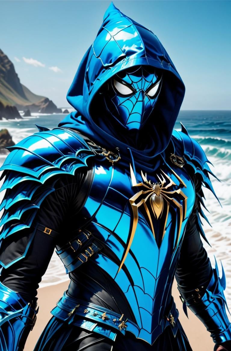 <lora:Armored HaDeS:0.8> masterpiece, photorealistic highly detailed 8k photography, best cinematic quality, male in Ocean Blue nhdsrmr, hlhdsrmr, crstlhdsrmr, chhdsrmr, rmspdvrs, hood, spider logo, Bold word "HADES" on chest, Ready for a Quick Draw, Bird’s-eye view, Biodegradable Confetti Fields