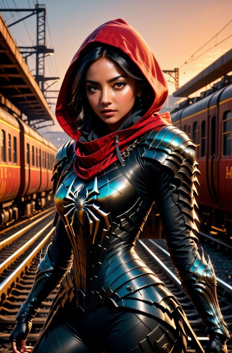 <lora:Armored HaDeS:0.9>  masterpiece, photorealistic highly detailed 8k photography, best cinematic quality, girl in Eye Brown chhdsrmr rmspdvrs, hood, spider logo, Bold word "HADES" on chest, Grappling Hold on Opponent, Over-the-shoulder shot, Abandoned Train Depots at Sunset