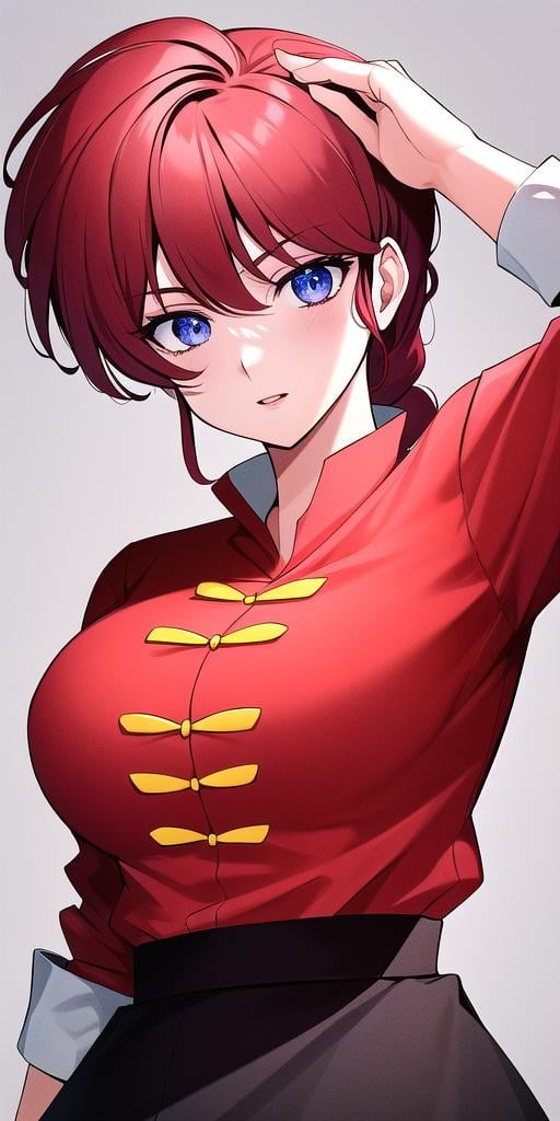 <lyco:RanmaChanV3:0.7>, RanmaChan, standing, solo, large_breasts, single_braid, RanmaRedShirt, masterpiece, best quality, detailed face, detailed eyes, highres,