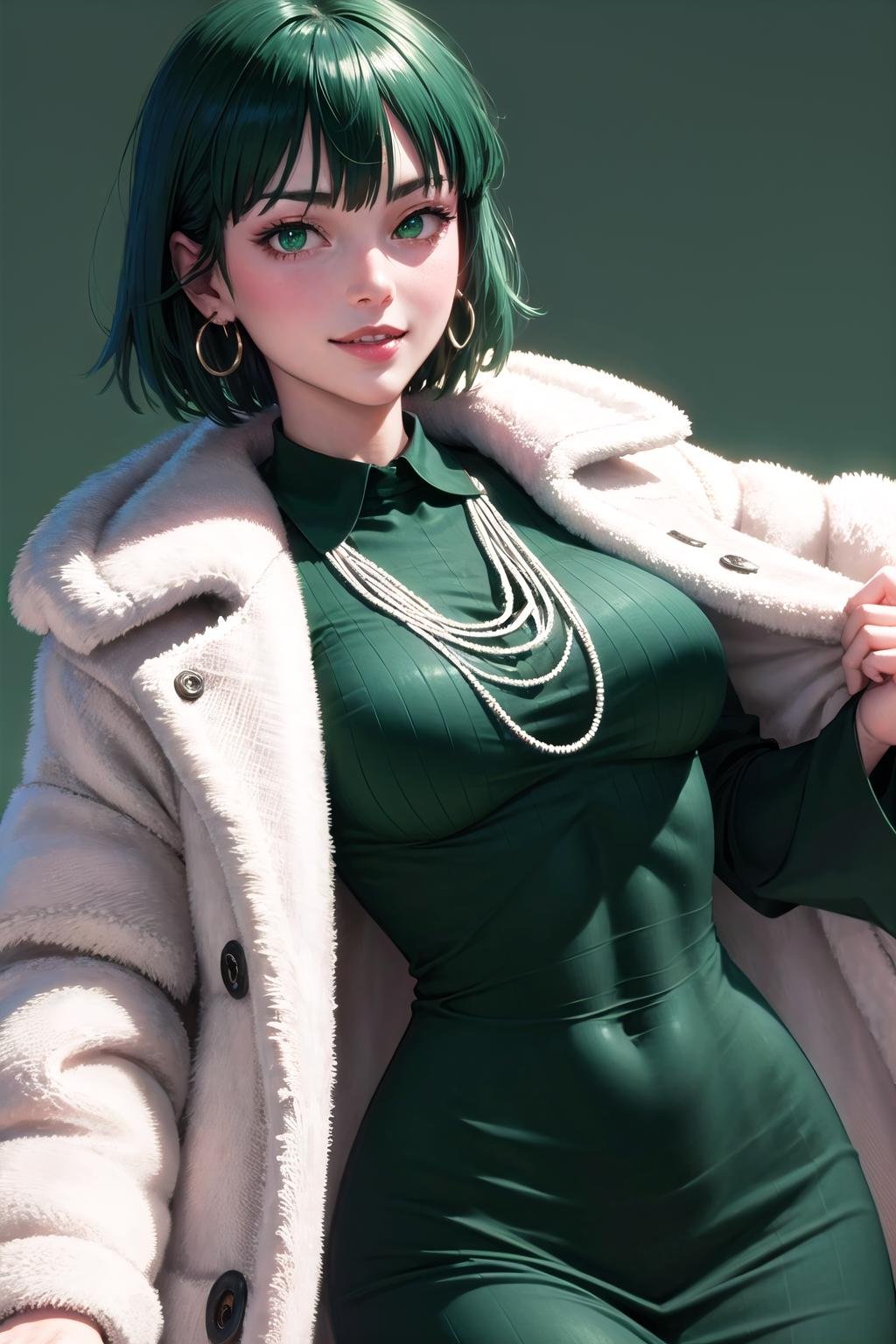 <lora:wrenchopmfubuki:1>, opmfubuki, green hair, green dress, detached collar, taut clothes, taut dress, fur coat, jacket on shoulders, light smile, close-up, earrings, 