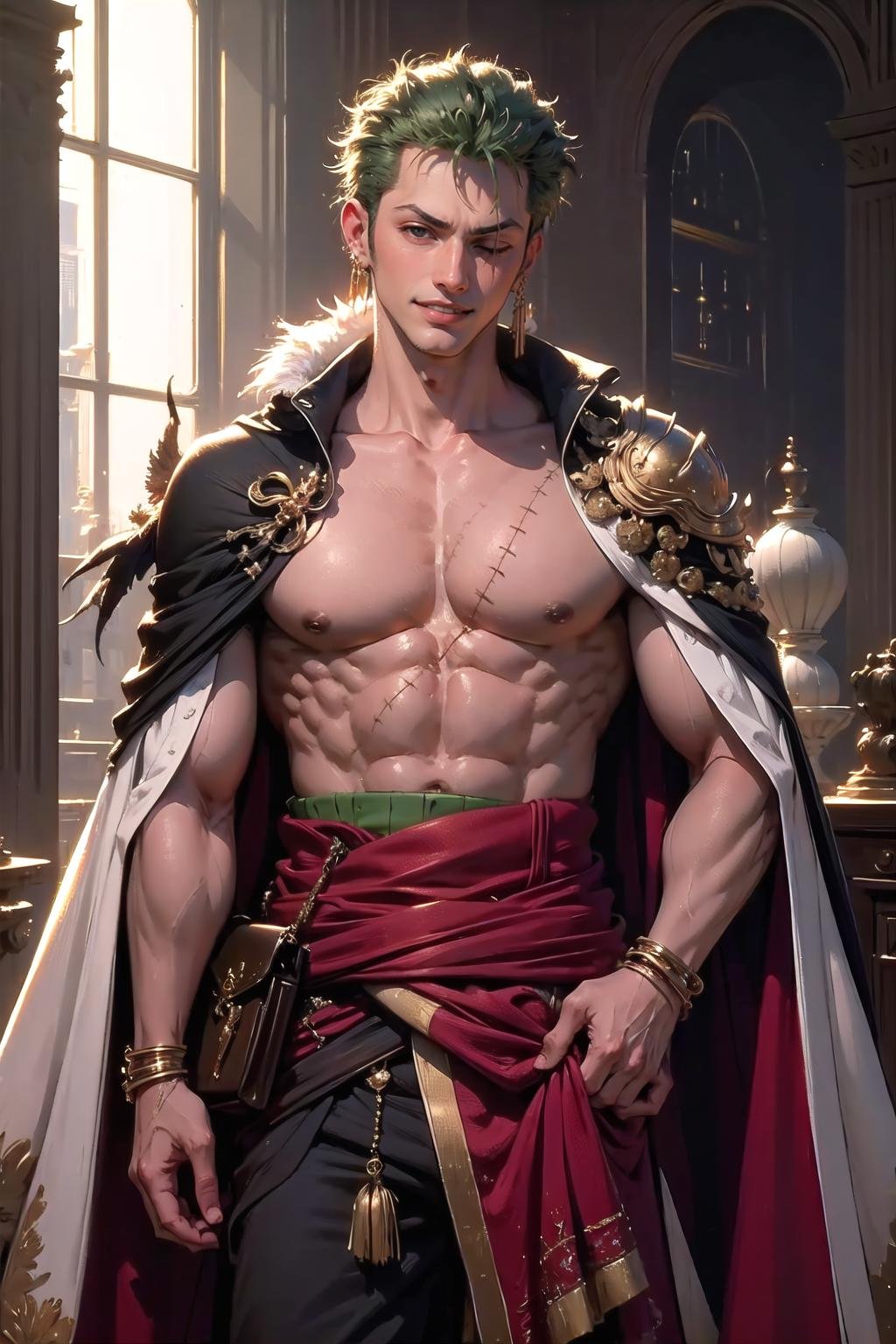 <lora:wrenchftmfshn:1>, wrenchftmfshn, fantasy clothing, jewelry, light smile, <lora:onepiece_zoro:1>, roronoa zoro, muscular male, scar, scar across eye, fur trim, cape, hair ornament, (loincloth:1.1), red dress, 