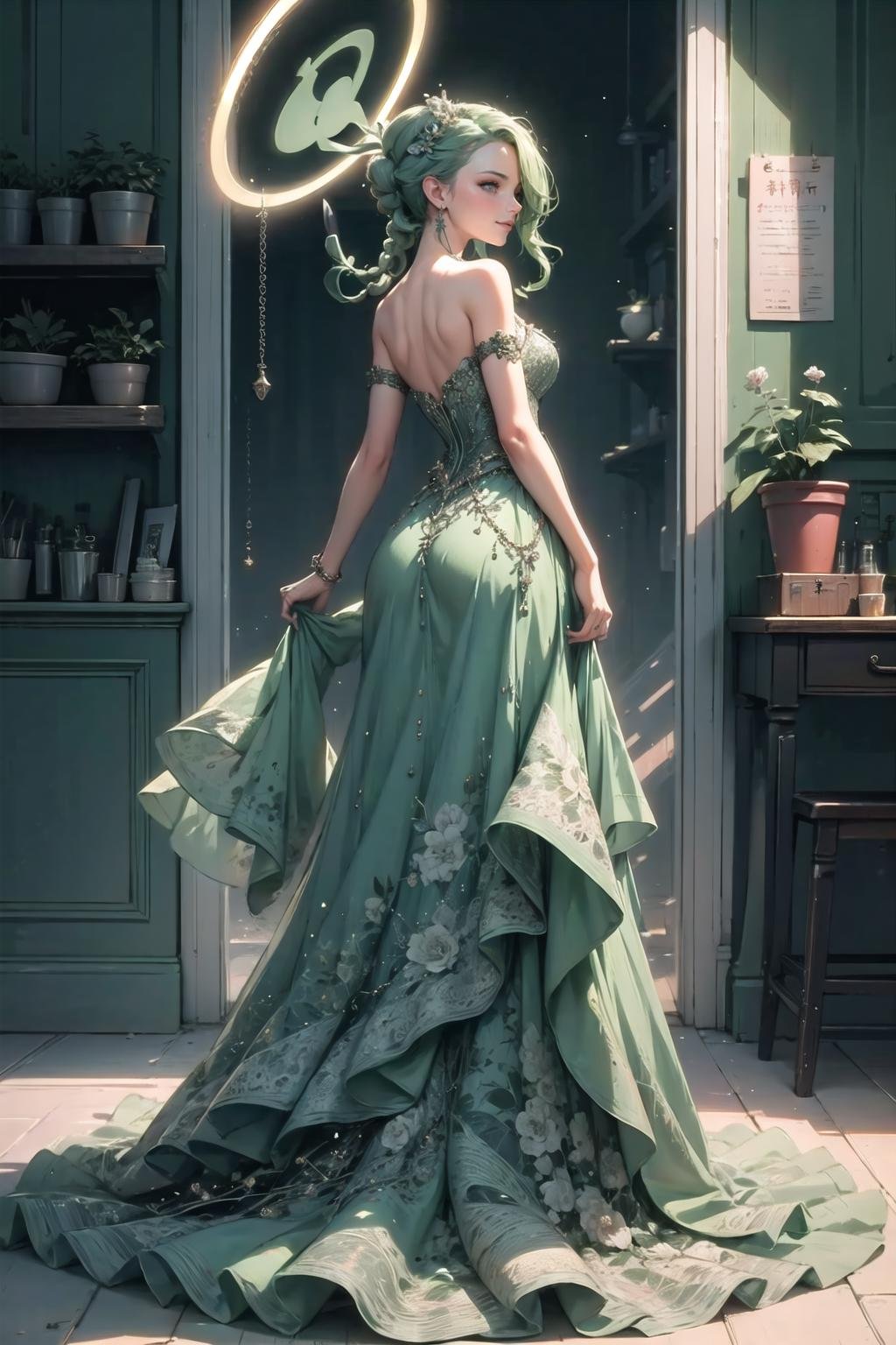 <lora:wrenchelegadome:1>, wrenchelegadome, 1girl, <lora:BAMina:0.85>, m1na, long hair, green hair, halo, red eyes, braid, hair over one eye, light smile, flower, rose, hair flower, jewelry, full body, from behind, strapless dress, 