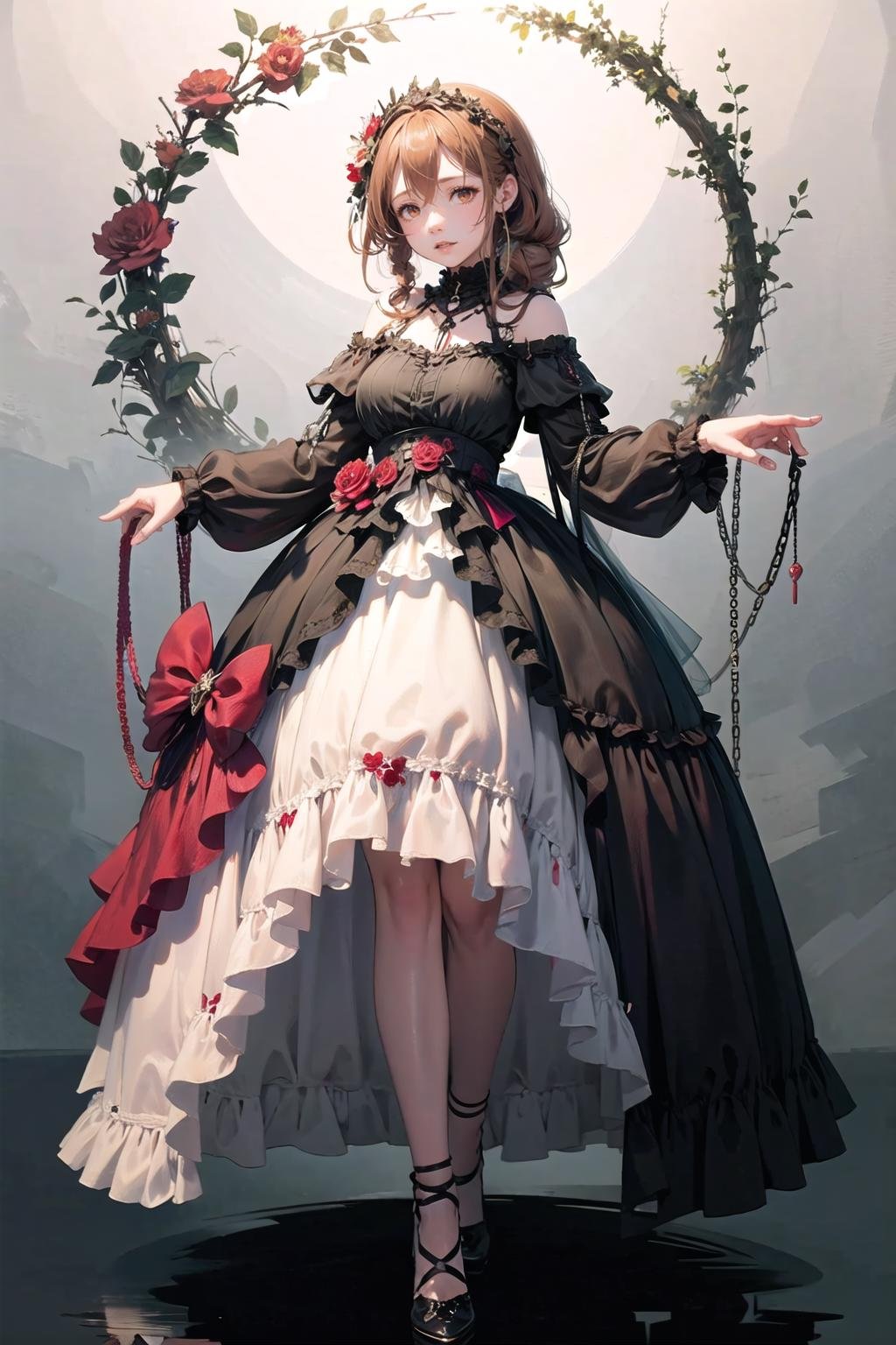 1girl, solo, <lora:wrenchlogown:1>, wrenchlogown, high heels, frills, flower, embroidery, accessories, jewelry, <lora:nolva-nvwls-v1:0.7>, nolva, single braid, green dress, long sleeves, 