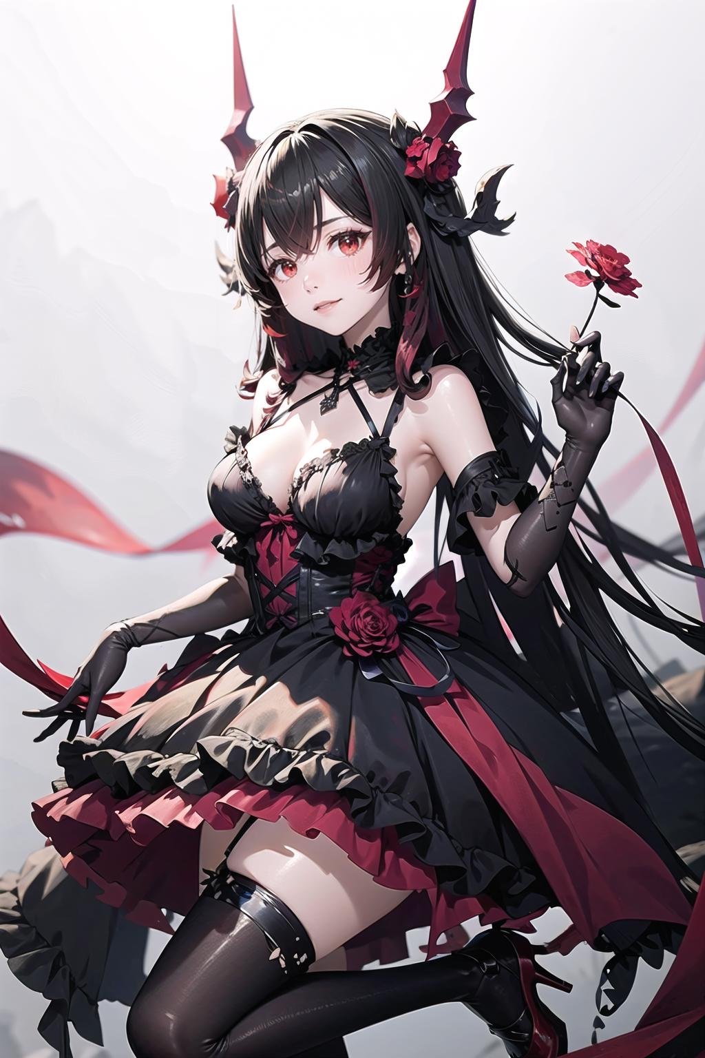 <lora:wrenchlogown:1>, wrenchlogown, high heels, frills, flower, embroidery, accessories, jewelry, gown, <lora:magdeburg-al-richy-v1:0.8>, almagdeburg, black thighhighs, torn clothes, underboob, red gloves, light smile, 