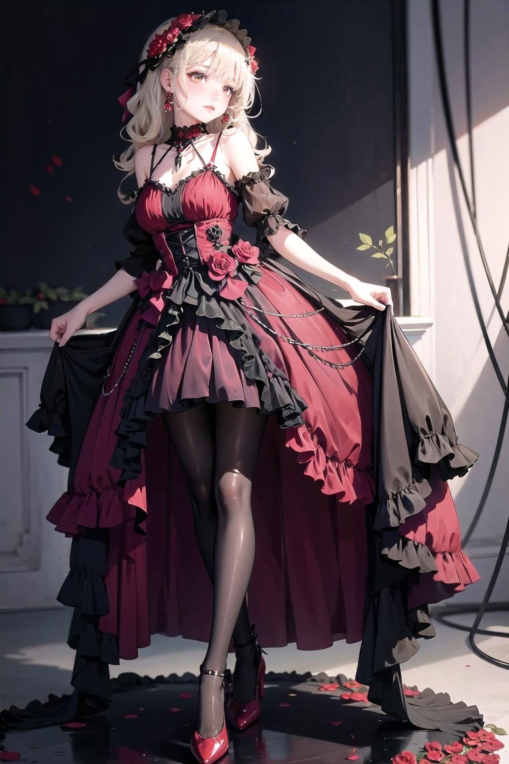 <lora:wrenchlogown:1>, wrenchlogown, pantyhose, high heels, frills, flower, red dress, embroidery, accessories, jewelry, gown