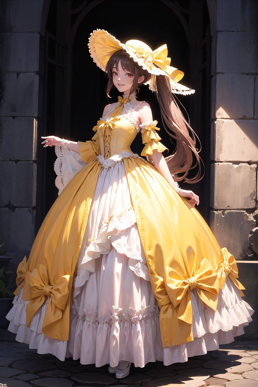 <lora:wrenchrococodome:1>, wrenchrococodome, hat, <lora:ijichi nijika by Goofy Ai:1>, ijichi nijika, long hair, red eyes, side ponytail, full body, light smile, yellow dress, 