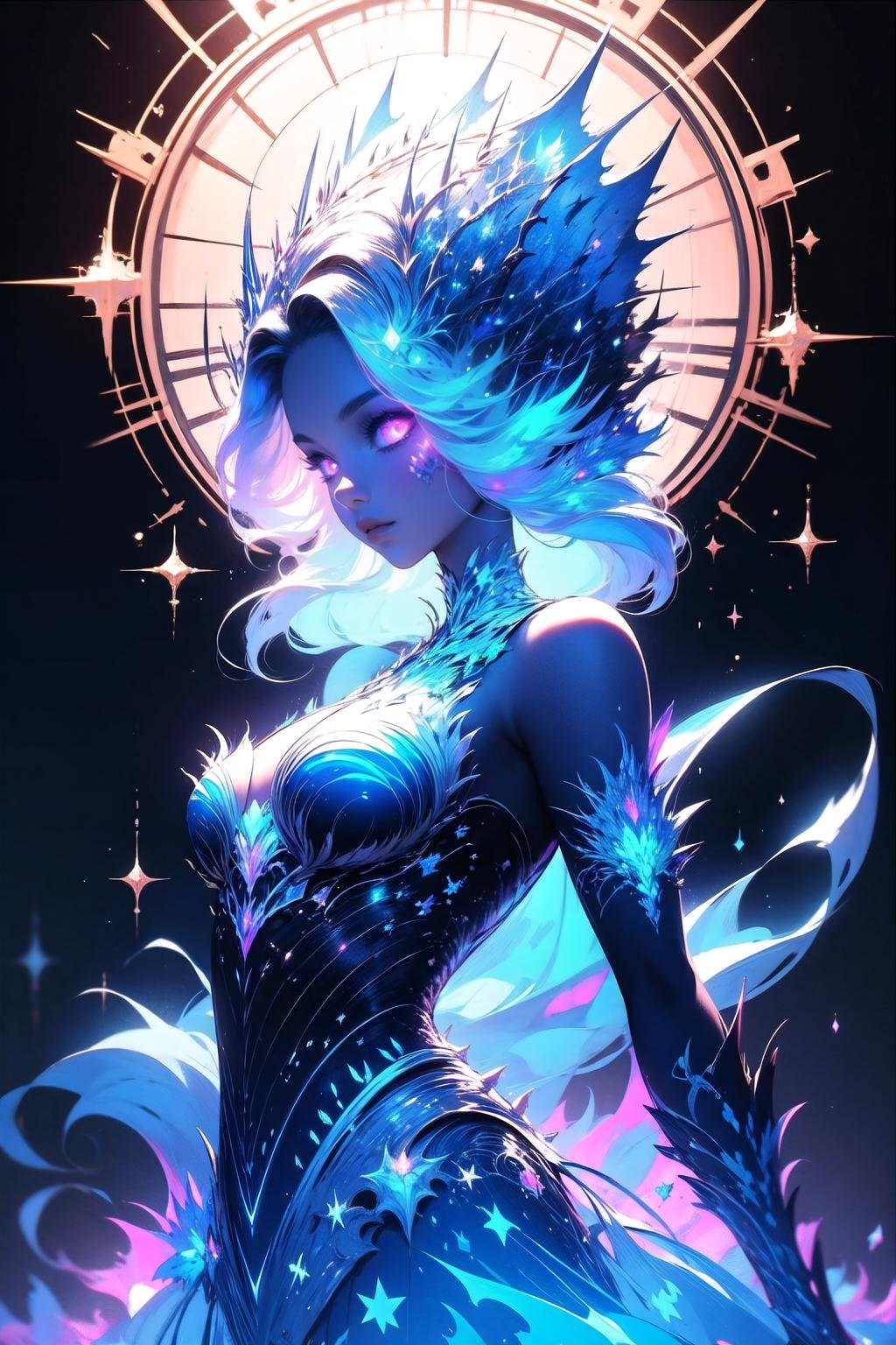 <lora:wrenchsfantasy-000016:1>, wrenchsfantasy, fantasy, glowing eyes, <lora:wrenchfaeflare:1>, wrenchfaeflare, glowing, 1girl, blue theme, embroidery, accessories, pinstripe pattern, simple background, white background, 