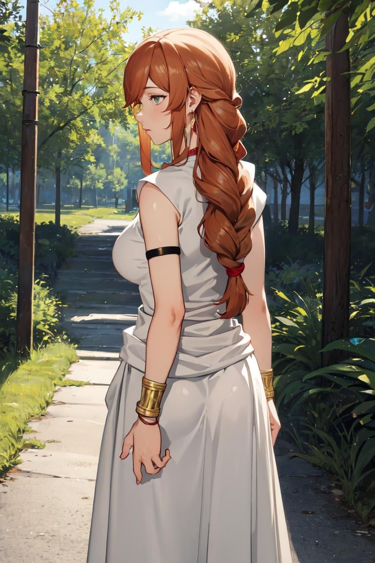 masterpiece, best quality, absurdres, perfect anatomy, 1girl, solo, FlammeFrieren, long hair, braid, greek clothes, sleeveless dress, armlet, bracelet, sandals, from behind, outdoors, forest, <lora:Flamme:1>