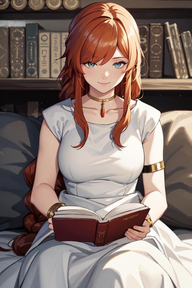 masterpiece, best quality, absurdres, perfect anatomy, 1girl, solo, FlammeFrieren, long hair, braid, greek clothes, sleeveless dress, armlet, bracelet, sandals, smile, sitting, indoors, reading book, <lora:Flamme:1>