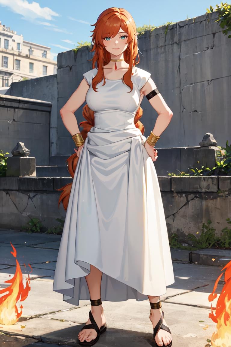 masterpiece, best quality, absurdres, perfect anatomy, 1girl, solo, FlammeFrieren, long hair, braid, greek clothes, sleeveless dress, armlet, bracelet, sandals, smile, hands on hips, greek architecture, outdoors, temple, flames, magic, <lora:Flamme:1>