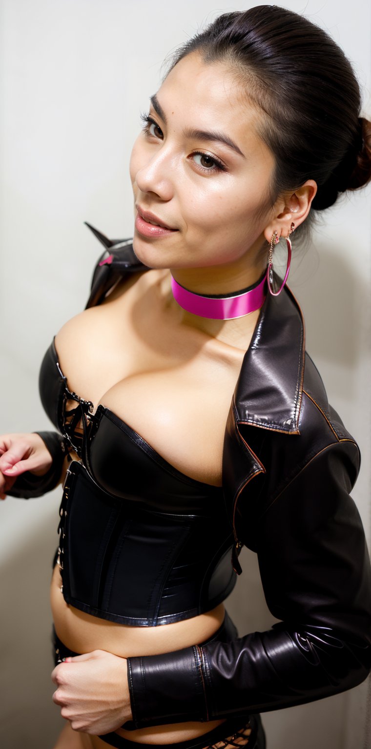beautiful Asian Claramorningstar, latex choker, leather jacket, stripped corset, updo hair, hair bun, confident, earrings, realhands, putting on makeup, bathroom selfie, from above, phone selfie