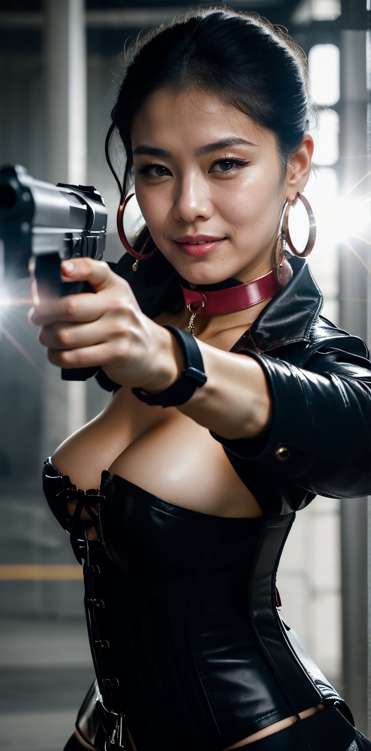 beautiful Asian Claramorningstar, latex choker, leather jacket, corset, updo hair, confident, hoop earrings, holding a xuer pistol, cinematic lightning, action pose, gun, lens flare