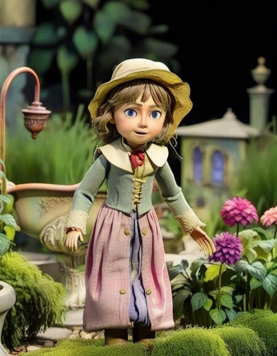 toy, character, "The Secret Garden's Hidden Beauty," neglected garden, orphan, healing, magical, rediscovery, transformative, timeless, heartwarming. <lora:CLAYMATE_0.3_:0.8>