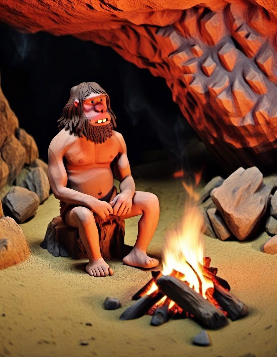 clay, a caveman sitting near a bonfire in a cave, prehistoric, <lora:CLAYMATE_0.3_:0.8>