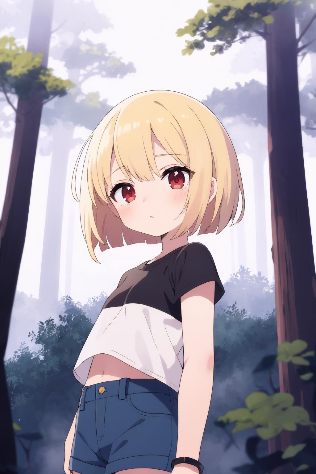 masterpiece, best quality, solo, petite, short hair, bob cut, red eyes, blonde hair, black t-shirt, thighhighs, scared, denim shorts, portrait, forest, fog, 