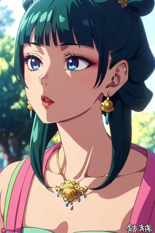 <lora:maomao-08:0.8>maomao,Dark green hair,blue eyes,hair ornament, hair bun, Earrings,Earrings,Gold necklace，Red eye shadow((extremely realistic shading, masterpiece, extremely detailed, photorealistic))