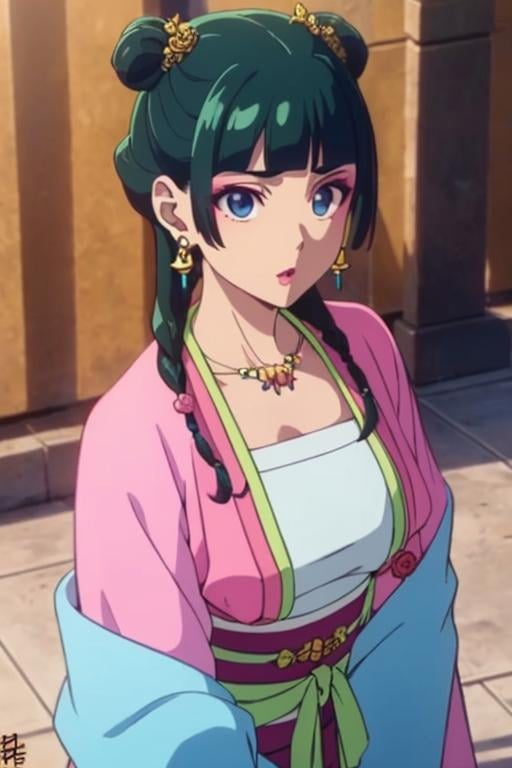 <lora:maomao-08:0.8>maomao,Dark green hair,blue eyes,hair ornament, hair bun, Earrings,Earrings,Gold necklace，Red eye shadow((extremely realistic shading, masterpiece, extremely detailed, photorealistic))