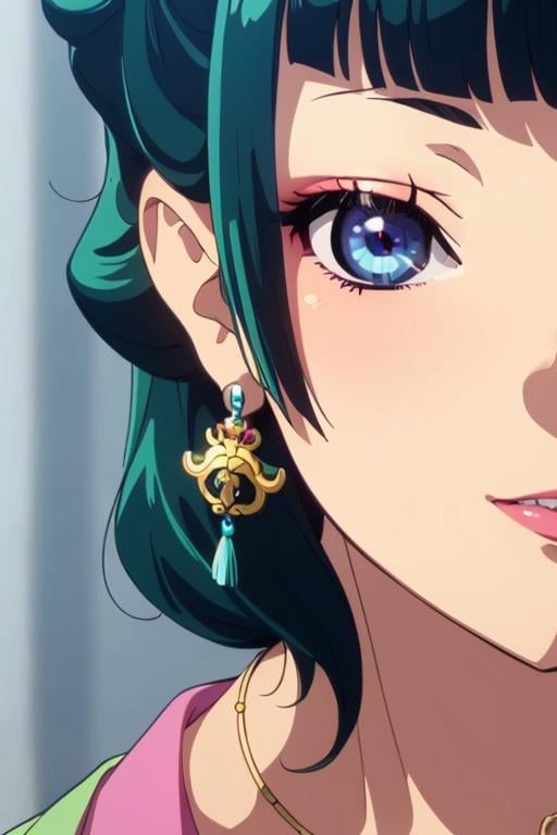 <lora:maomao-08:0.8>maomao,Dark green hair,blue eyes,hair ornament, hair bun, Earrings,Earrings,Gold necklace，Red eye shadow((extremely realistic shading, masterpiece, extremely detailed, photorealistic))