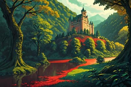 castle, lush green forest, AND(blood-river), red river, BREAK landscape, high detail, 8k,  <lora:add_detail:0.3>